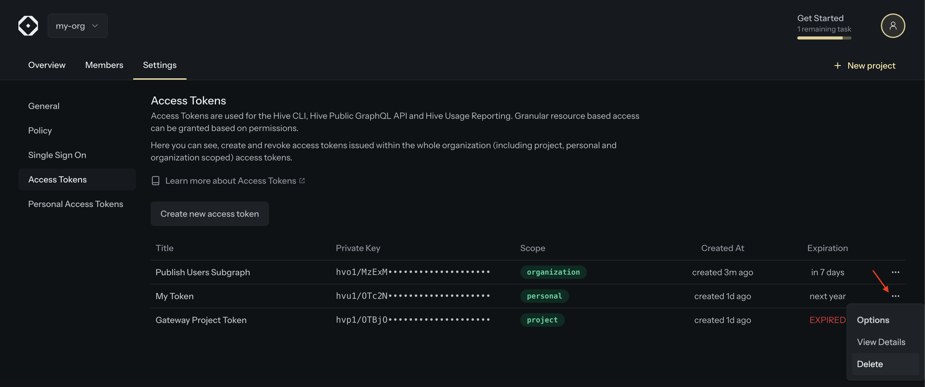 Open the actions for the access token by pressing the three dot icon on the end of the row.