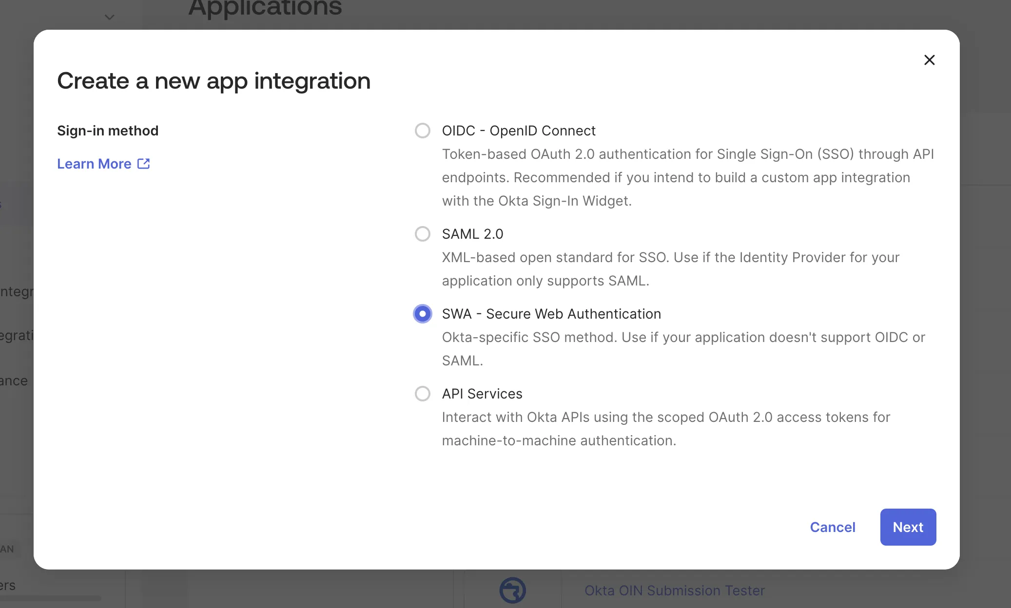 Select SWA as the sign-in method