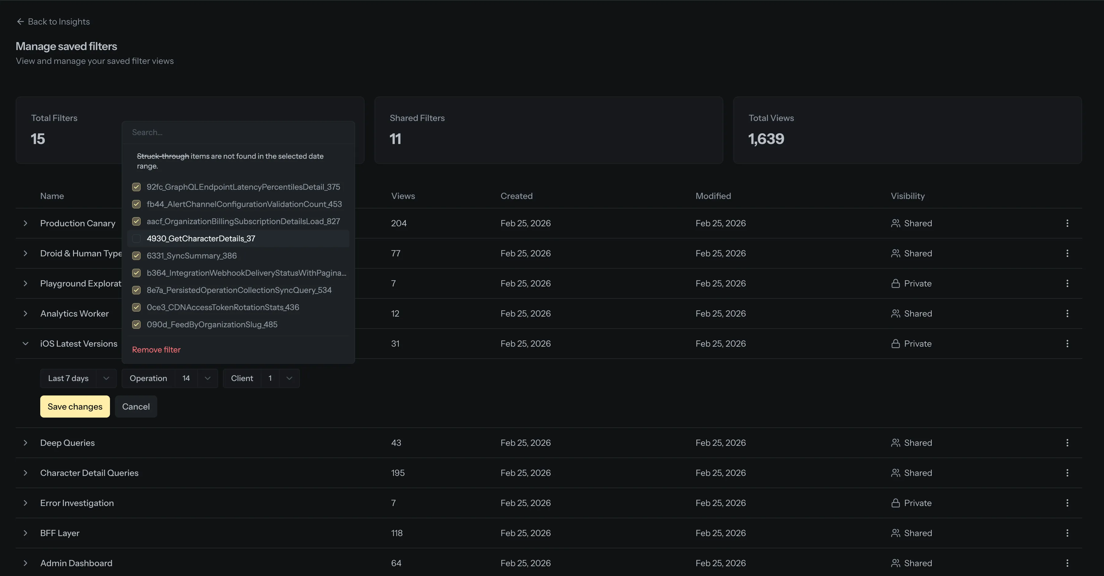 The manage saved filters page showing a table of saved filter views