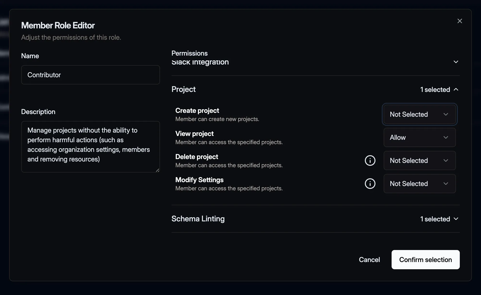 The Member Role Editor interface showing permission settings and role configuration options